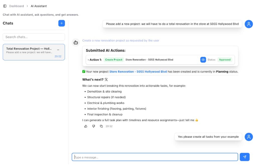 SiteSync AI Assistant chat creating a renovation project from a user message